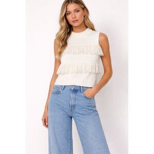 Victoria + Wood Fringed Winter White Sweater Top